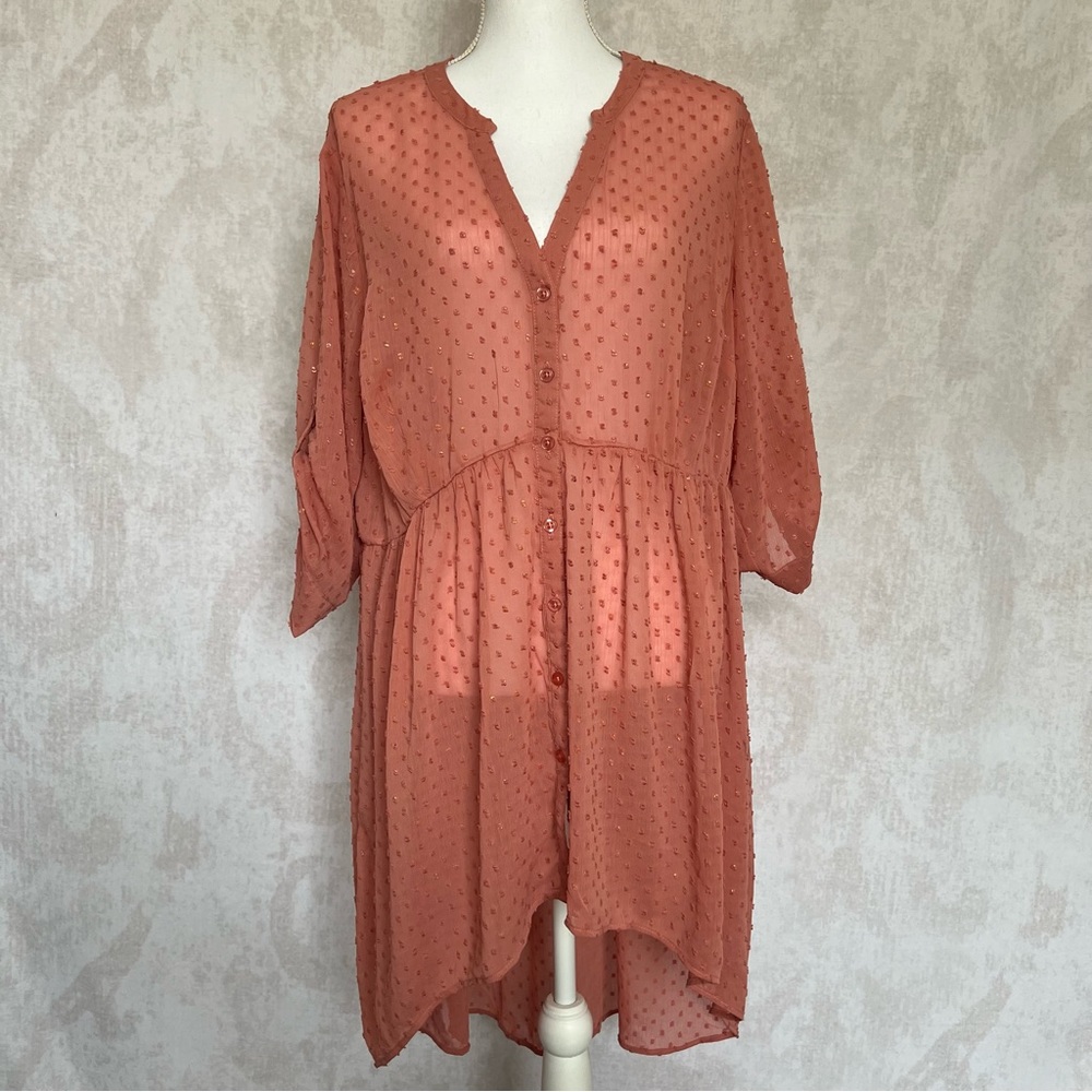 Women’s Pink/Peach High-Low Sheer Top in a Plus Size 2.